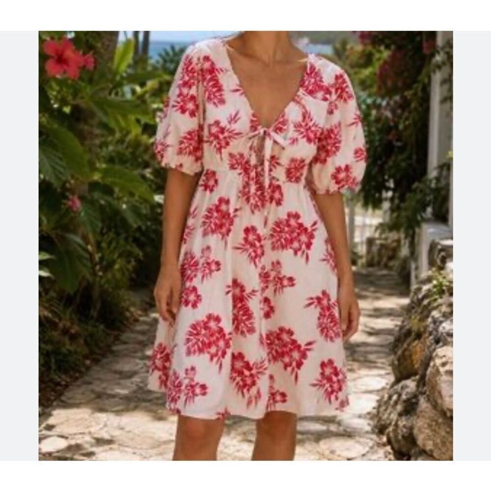 Anthropology Sim & Sam red white floral, puffy sleeve dress 8